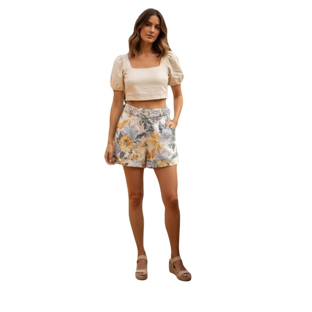 Maison d'Amélie Paris Linen Blend High Waisted Floral Belted Shorts Size 8 US